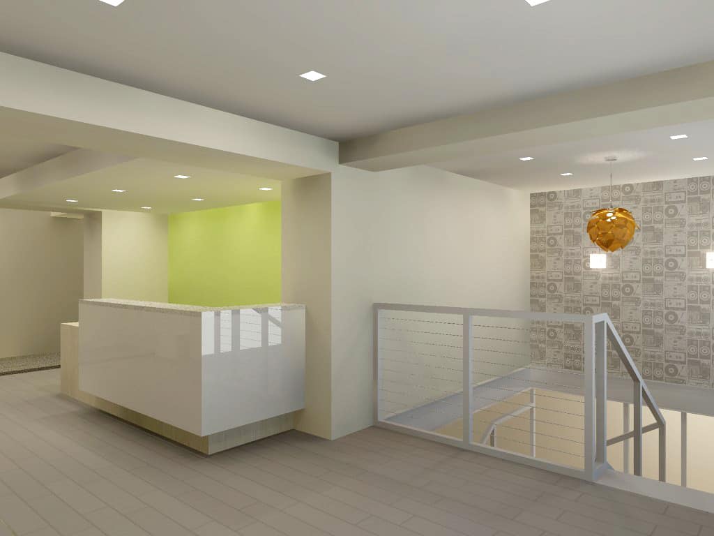 Rendering of the lobby reception desk the Frequency